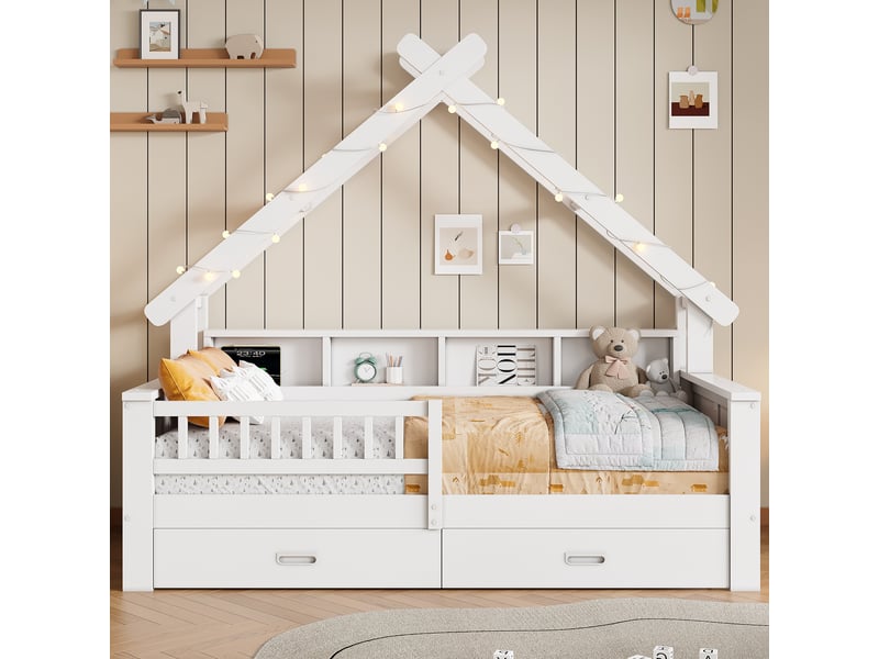  Lit plateforme enfant en bois 90 x 200 cm blanc, forme maison avec led, étagères et tiroirs  - Conforama C