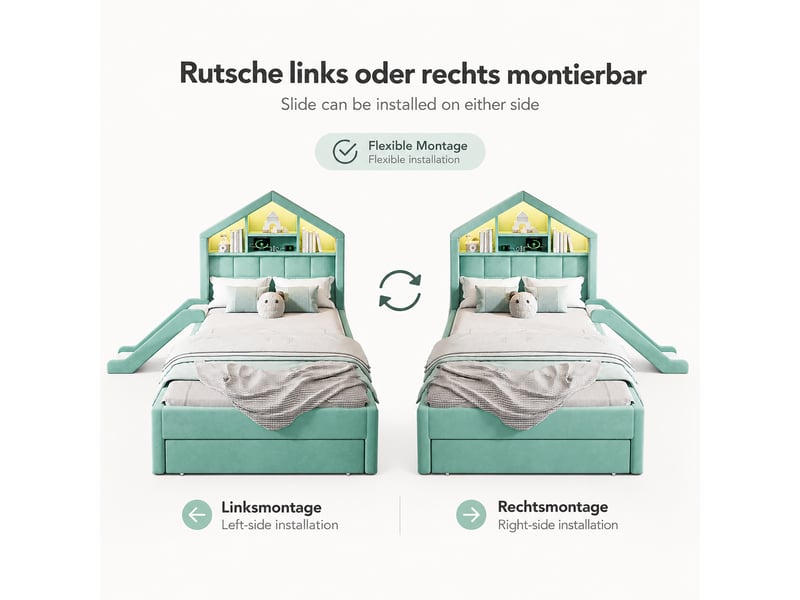  Lit enfant 90x200 en velours avec toboggan,led,chargeur, rangement tête de lit, grand coffre,cadre de lit cabane,bleu-vert  - Conforama E