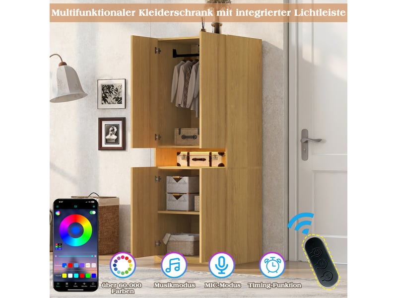  Armoire chambre 2 portes 70x55x180 cm - penderie avec led et compartiments de rangement - bois  - Conforama D