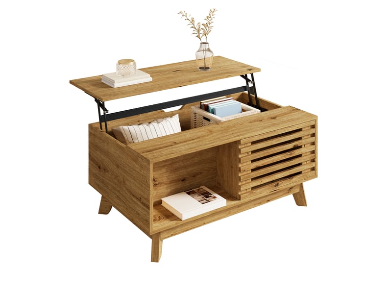  Table basse moderne rétro avec plateau relevable et porte coulissante à lamelles, aspect bois, mdf  - Conforama A