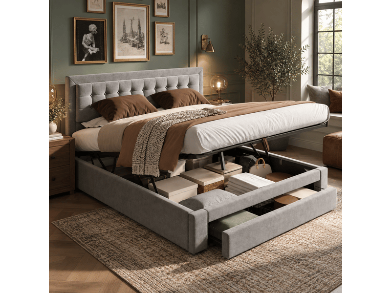  Lit avec coffre et tiroirs, tissu velours, lit capitonné, sommier à lattes, lit double, grand rangement, 180 x 200, velours, gris Seren Glow - Conforama B