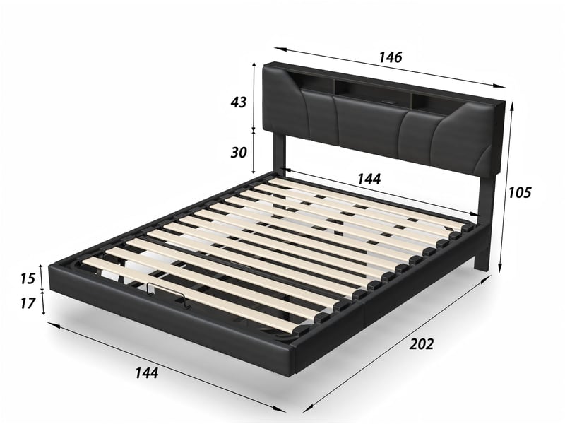 Lit coffre 140x200 cm - tissu lin gris avec led rgb, prises, étagère et rangement - Conforama C