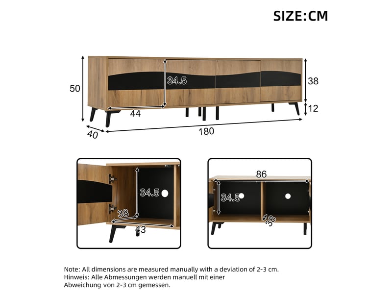  Meuble tv 180x40x50 cm, 4 portes, design symétrique, effet bois naturel et noir, panneau de particules  - Conforama C
