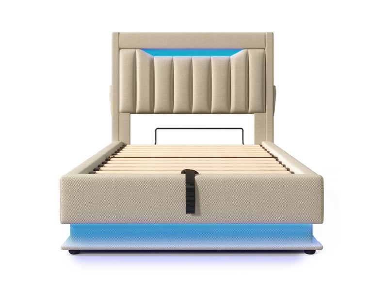  Lit capitonné 90x200 cm avec coffre de rangement, led, ports usb et tête de lit étagère, lin beige  - Conforama W