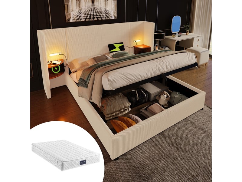  Lit coffre 160x200cm avec table nuit lampe usb-c sommier bois metal beige blanc velours avec matelas  - Conforama B