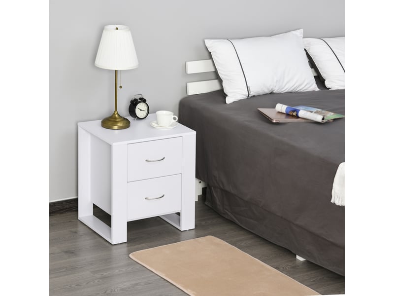  Table de chevet à 2 tiroirs, pieds et socle surélevé, idéale pour la chambre ou le salon. Style moderne, 48 x 39 x 54 cm, blanche.  - Conforama C