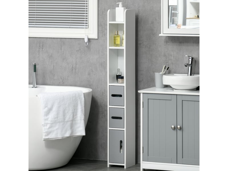  Meuble de salle de bain avec étagères et placards, armoire haute en bois gain de place 15 x 17 x 120 cm, blanc et gris  - Conforama C