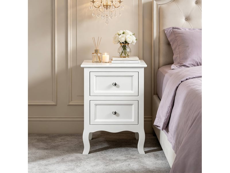  Table de chevet avec 2 tiroirs, poignées métalliques et pieds courbés pour chambre en mdf laqué blanc compacte  - Conforama D
