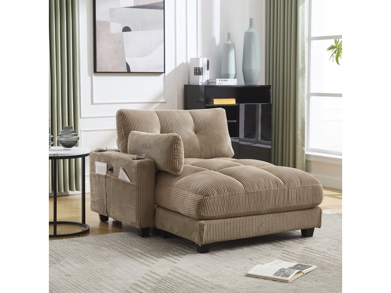  Canapé en velours côtelé kaki avec accoudoirs réversibles, coussins assortis et port usb intégré  - Conforama W