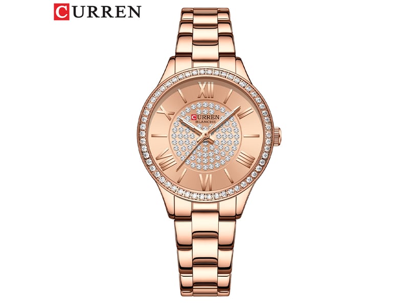 Montre femme ultra-fine et étanche, avec petit cadran et chiffres romains, en or rose.