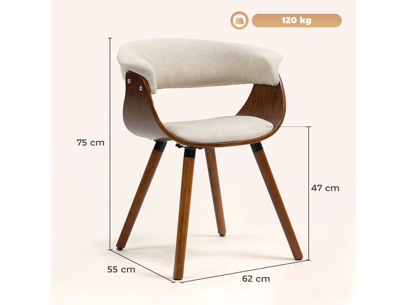  Chaise salle à manger tissu effet lin dossier courbé pieds bois beige  - Conforama E