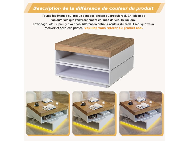 Table basse carrée plateau pivotant à 360° led rangement salon mdf 65×65×40 cm blanc chêne - Conforama C