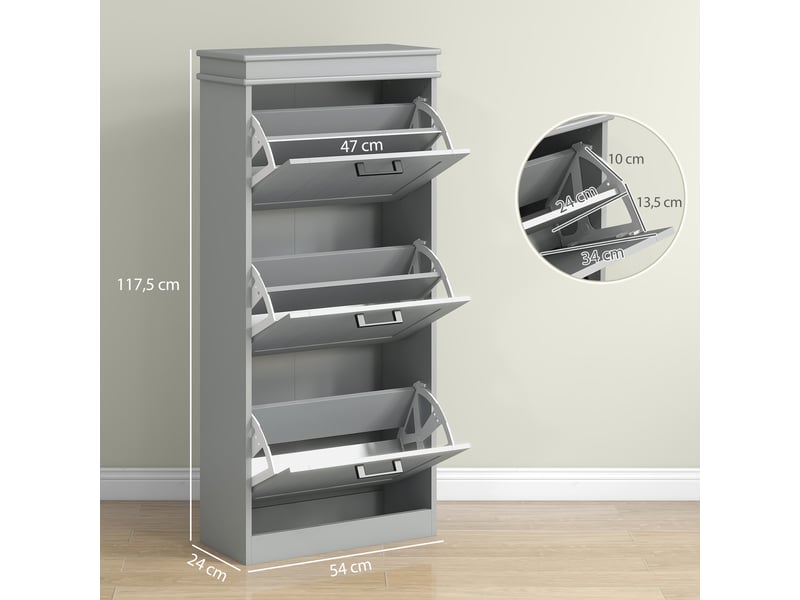  Meuble à chaussures, armoire à chaussures 3 portes abattants 15 paires, étagères réglables, gris, 54 x 24 x 117,5 cm  - Conforama C