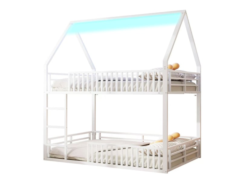  Lit cabane 140x200 avec barrière de sécurité et éclairage led 7 couleurs en métal blanc sans matelas  - Conforama A