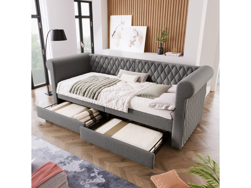  Lit banquette 90x200 cm avec deux tiroirs de rangement, lit simple enfantado, sans matelas, lin, gris  - Conforama E