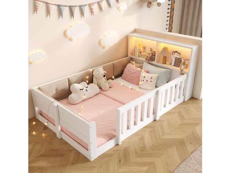  Lit simple enfant 90x200 cm avec barrières, rangements et led, coloris blanc  - Conforama E