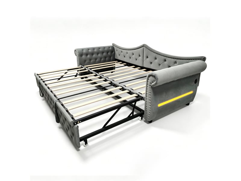 Lit gigogne 3-en-1 90x200 cm en velours gris avec usb et led, sans matelas - Conforama E