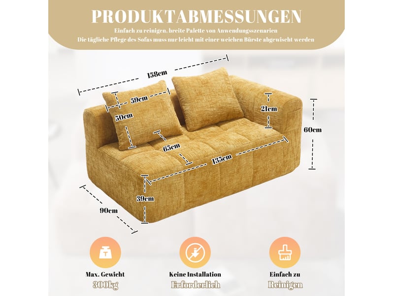 Canapé droit fixe 2 places en tissu jaune 158 × 90 × 60 cm, poches latérales et coussin inclus, style contemporain - Conforama C