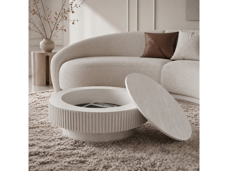  Table basse ronde avec rangement dissimulé sous plateau, finition bois blanc rétro, pour salon et chambre, 82 × 25 × 82 cm  - Conforama B