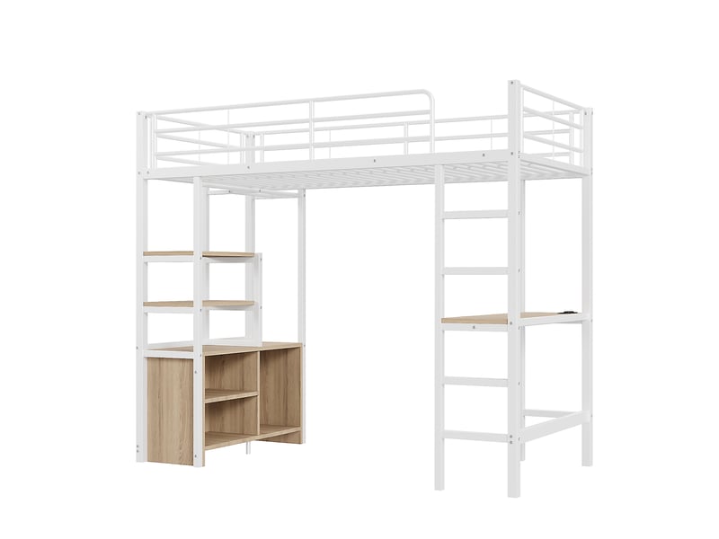 Lit mezzanine avec bureau, prise usb et rangements, métal blanc, 90x200 cm, sans matelas - Conforama D