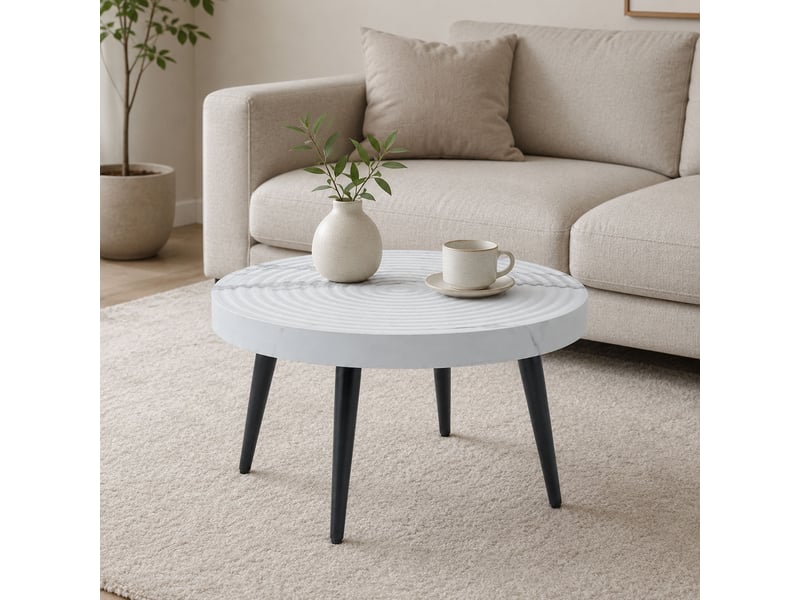  Table basse ronde blanc en 3d surface texturée avec pieds en métal pour petit espace  - Conforama C
