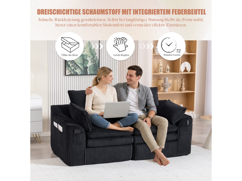  Canapé droit fixe 2 places tissu noir canapé compressible - Conforama E