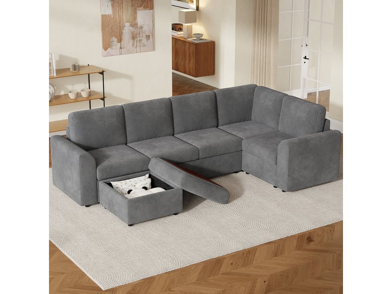  Canapé d'angle convertible 6 places en velours côtelé gris, avec pouf à rangement, 282×153×85 cm, mousse haute densité  - Conforama W