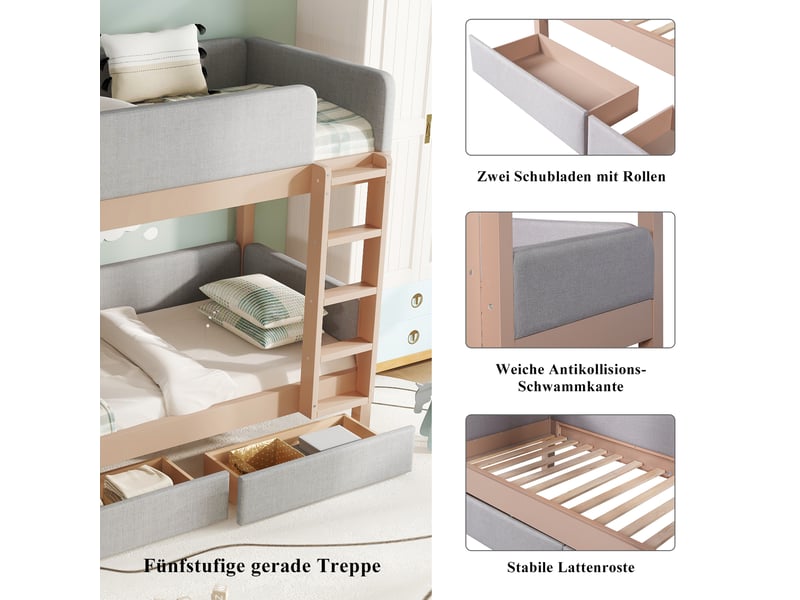  Lit superposé enfant 90×200 cm, 2 tiroirs et escalier  - sans matelas, bois gris et naturel  - Conforama E