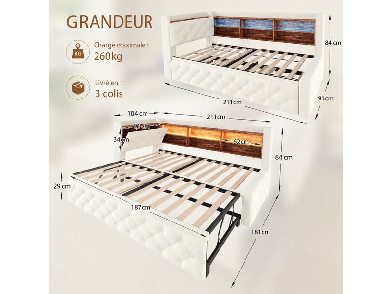  Canapé convertible 90 x 190 cm extensible en velours beige - rangement, led et ports usbusb-c  - Conforama C