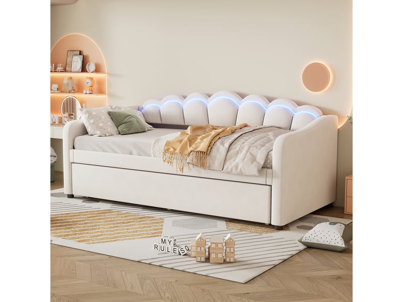  Lit gigogne 90x200 cm - lit simple avec lit tiroir et bande led intégrée - sans matelas - finition en velours résistant - beige  - Conforama D