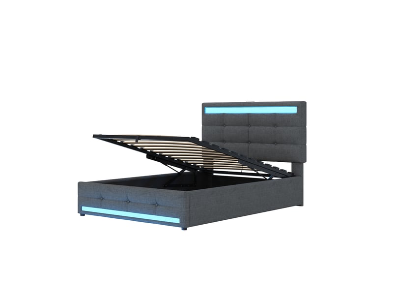  Lit simple enfant 90x200 cm – gris – rangement hydraulique, led rgb, usb et tête de lit réglable, sans matelas  - Conforama D