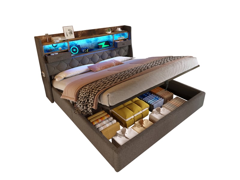  Lit coffre 180 x 200 cm hydraulique, led, usbtype-c, sommier inclus, lin gris  - Conforama A