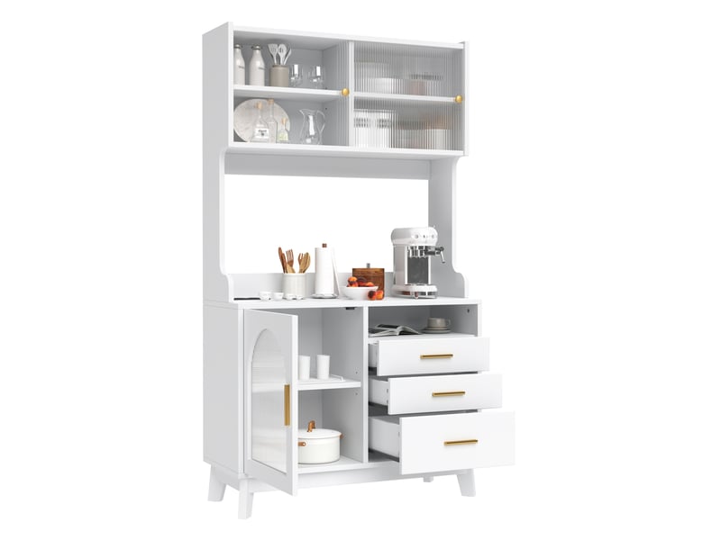  Buffet haut avec 3 portes, 3 tiroirs, prise double et ports usb pour salle à manger blanc 100,5 × 40 × 178 cm  - Conforama A