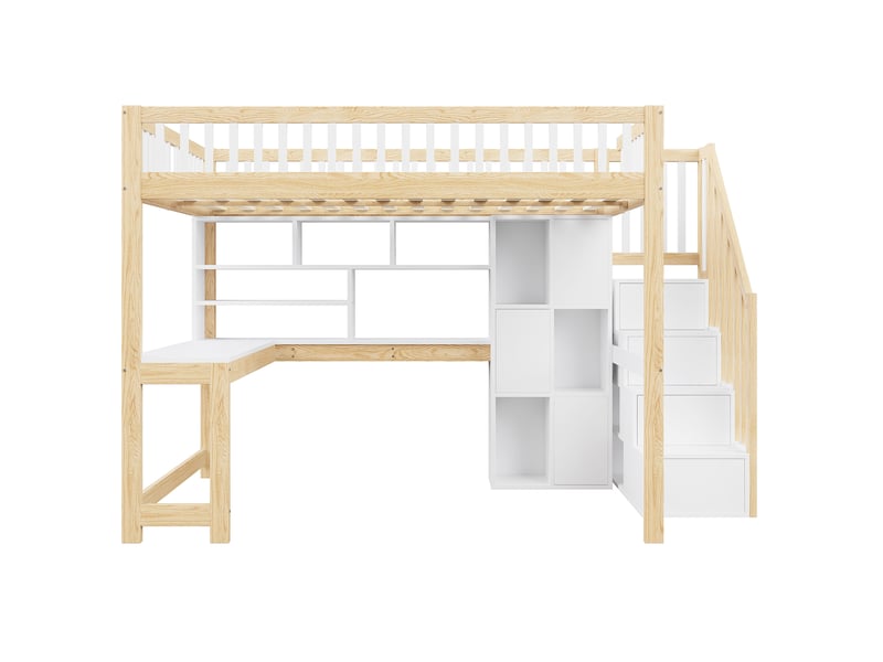  Lit mezzanine blanc et naturel 140x200 cm, led, bureau, escalier-rangement, étagères  - Conforama A