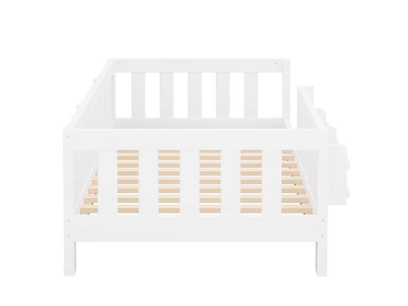  Lit enfant 90x200 cm blanc en bois, barrières de protection, bibliothèque et sommier inclus IKSETERA TRADING LTD - Conforama D
