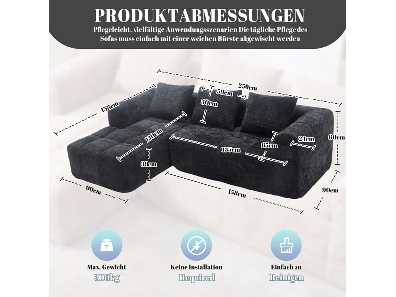  Canapé d'angle 3 places en chenille noir avec chaise longue et 3 coussins  - Conforama E