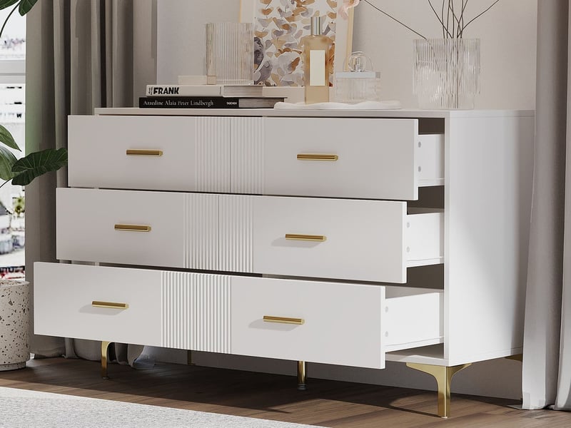  Commode 6 tiroirs, avec motif texturé ondulé et poignées en métal, l120 x h76 x p40 cm, coloris blanc  - Conforama B