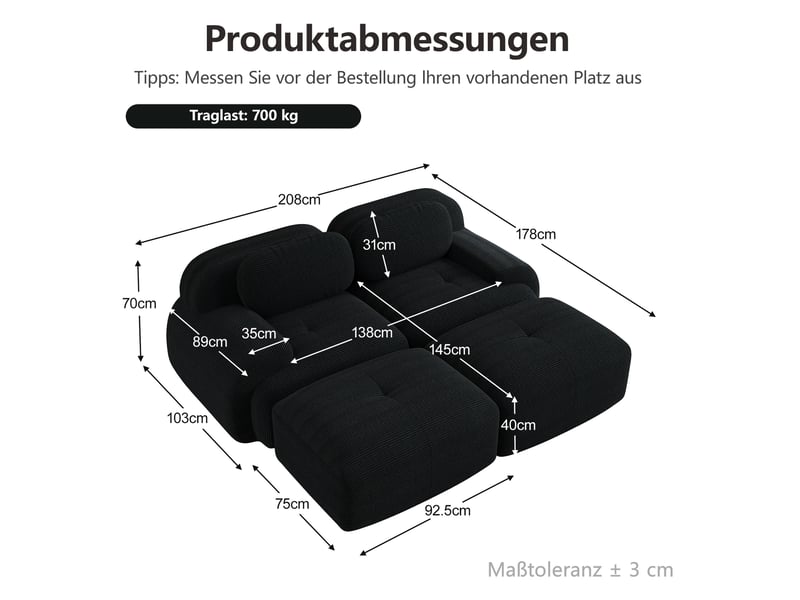  Canapé d'angle fixe 2 places modulaire en velours côtelé noir, sans cadre, avec méridienne pour le salon  - Conforama C