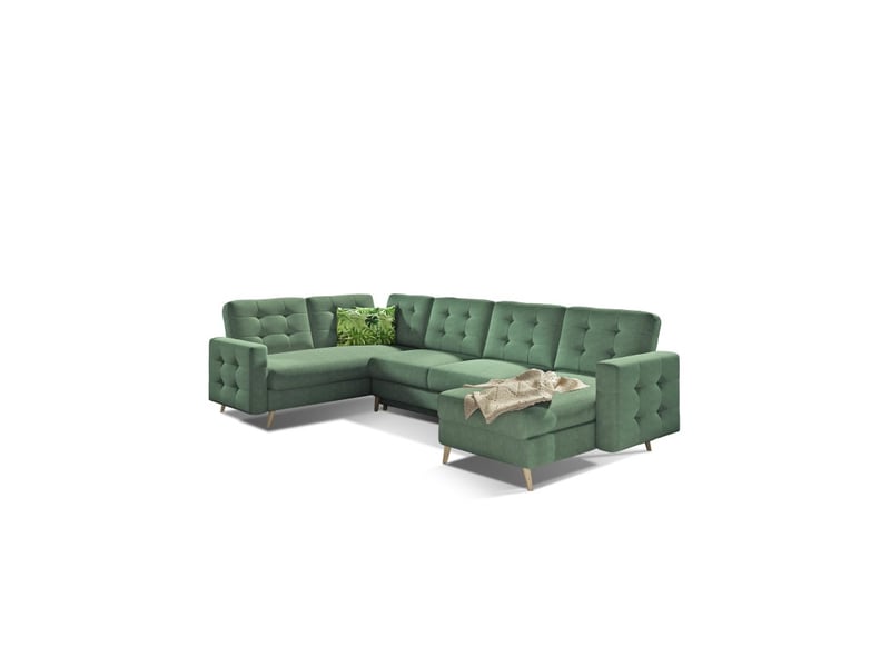  Canapé d'angle panoramique convertible hasgard u 326 cm vert avec coffre  - Conforama A
