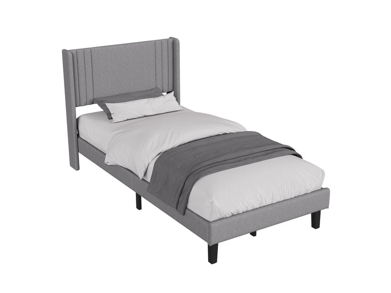  Lit simple rembourré 90x200 cm, lit 1 place avec tête capitonné, lit une personne avec sommier à lattes,tissu de lin, sans matelas  - Conforama A