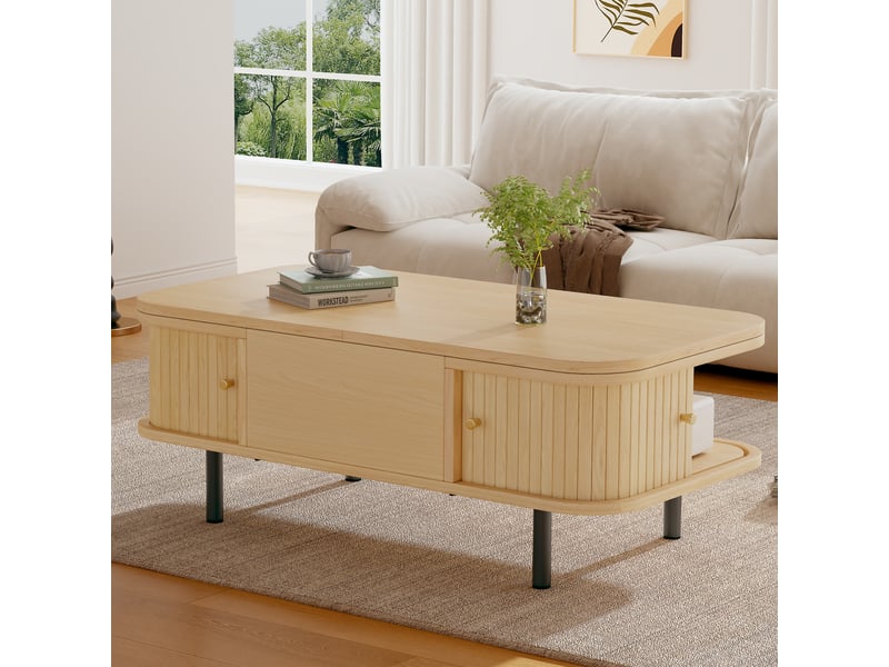  Table basse relevable bois naturel, table basse convertible bureau, 101x51cm, avec rangement caché et portes coulissantes.  - Conforama B