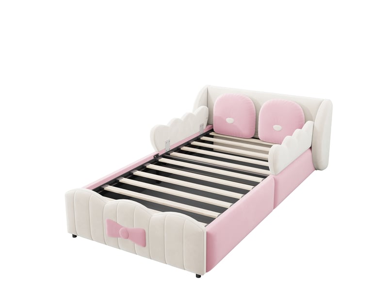 Lit coffre enfant simple 90×200 cm avec rangement hydraulique - okmyhome- velours beige, sans matelas  - Conforama E