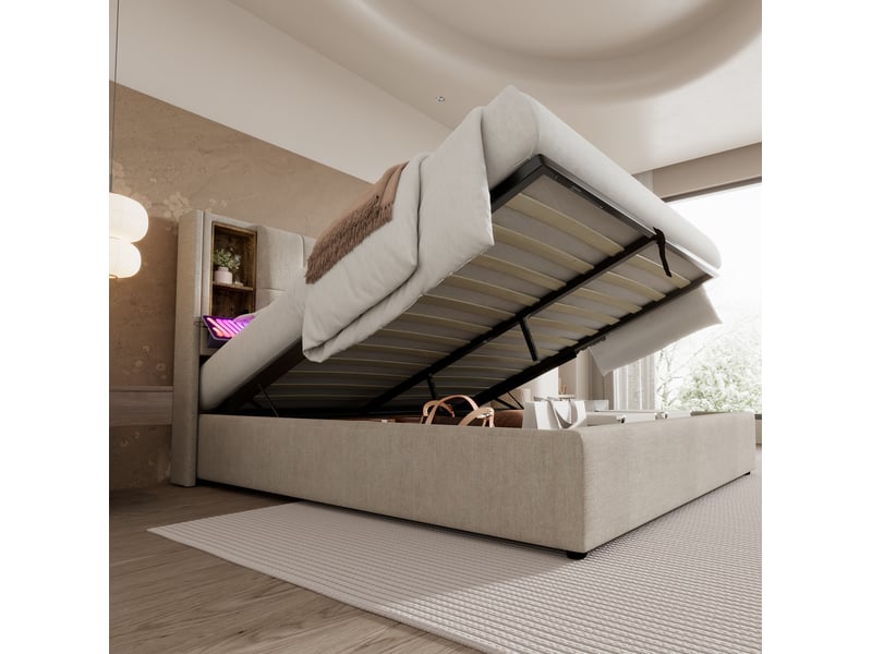  Lit coffre double 160x200 cm naturel en lin, tête de lit avec charge sans fil, usb c et rangements  - Conforama B