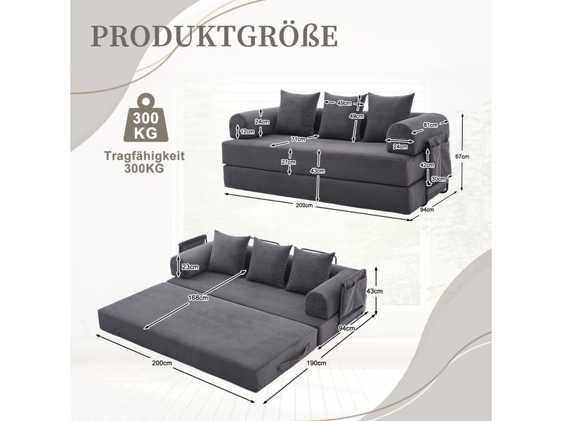  Canapé-lit convertible 3 places canapé au sol canapé modulable canapé compressé en velours côtelé avec cadre en métal, gris foncé  - Conforama W