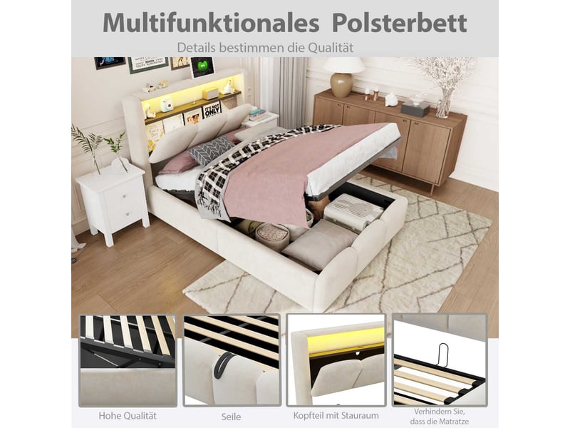 Lit coffre 90x200 cm enfant rembourré, rangement hydraulique, tête de lit avec led usb-c et rangement, velours beige motif pétales - Conforama D