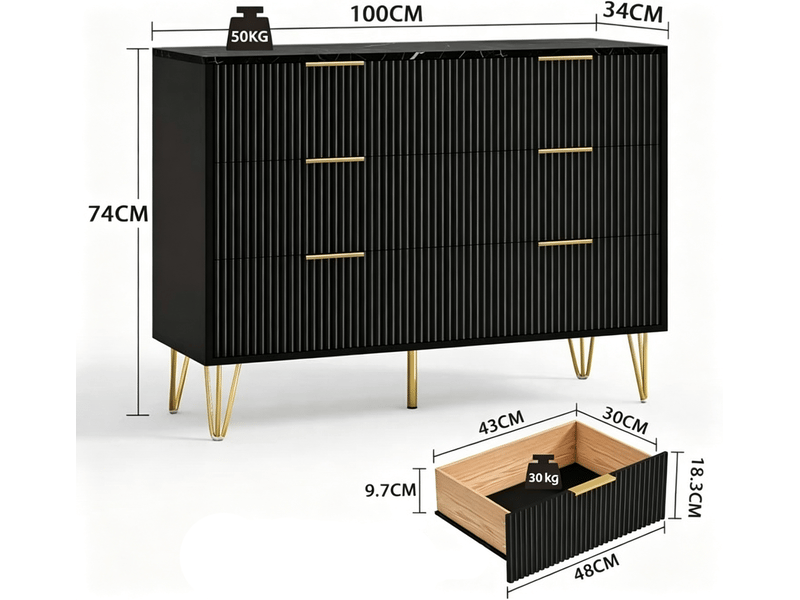  Commode à 6 tiroirs pour la chambre, modèle moderne en bois rainuré avec poignées dorées, meuble à effet marbre pour l’entrée (noir)  - Conforama C
