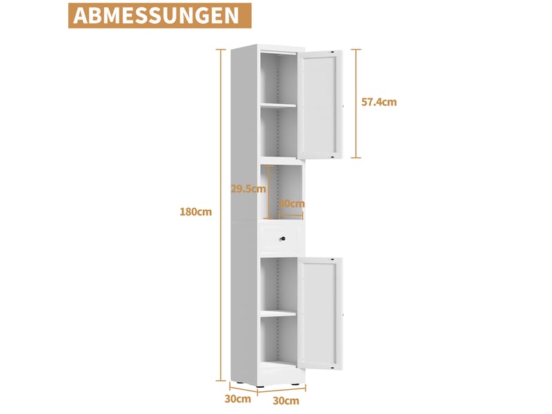 Armoire de salle de bain à 2 portes et 1 tiroir, 5 niveaux avec étagères réglables en métal blanc 30 × 30 × 180 cm - Conforama C
