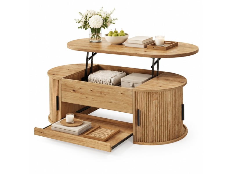  Table basse relevable en mdf 110 x 55 cm avec rangement caché, portes coulissantes et plateau extensible  - Conforama A