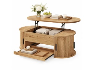 Table basse relevable en mdf 110 x 55 cm avec rangement caché, portes coulissantes et plateau extensible