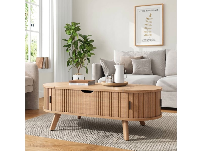  Table basse ovale relevable avec rangement caché et portes coulissantes 110x50 cm naturel  - Conforama E
